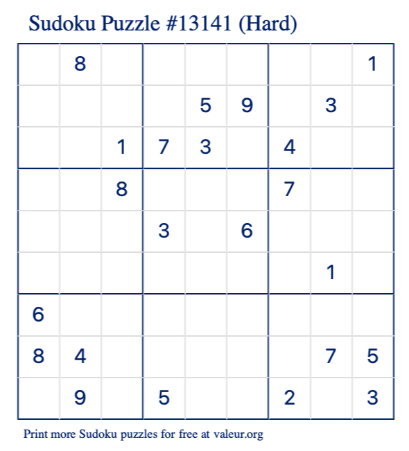 Free Printable Hard Sudoku Puzzle number 13141