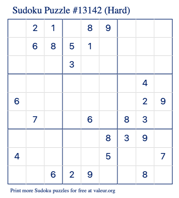 Free Printable Hard Sudoku Puzzle number 13142