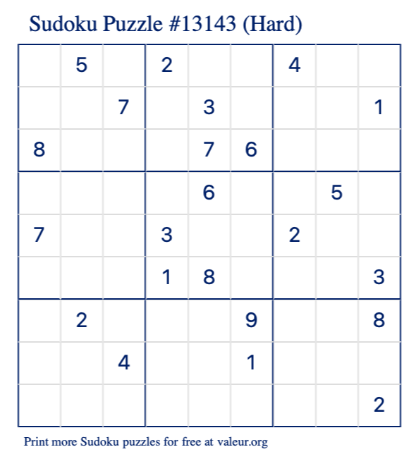 Free Printable Hard Sudoku Puzzle number 13143