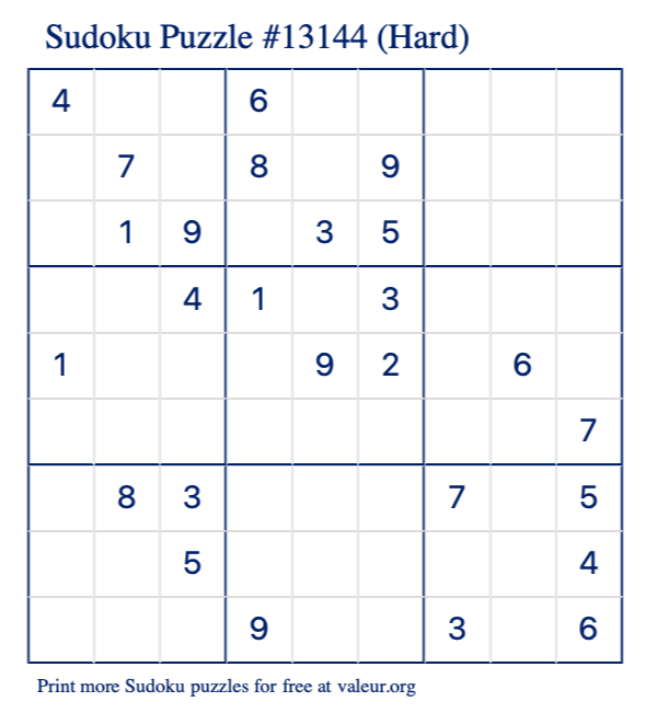 Free Printable Hard Sudoku Puzzle number 13144