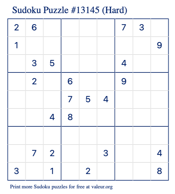 Free Printable Hard Sudoku Puzzle number 13145
