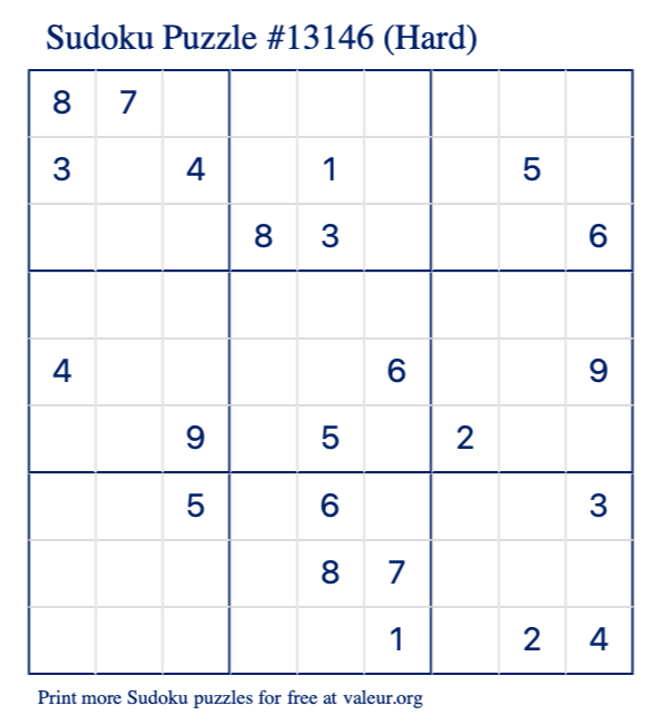 Free Printable Hard Sudoku Puzzle number 13146