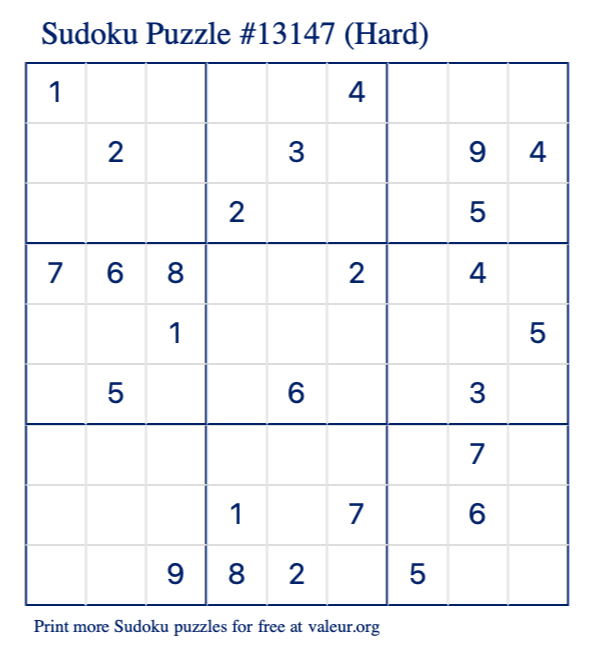 Free Printable Hard Sudoku Puzzle number 13147