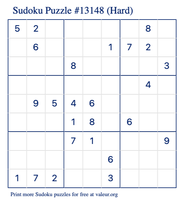 Free Printable Hard Sudoku Puzzle number 13148