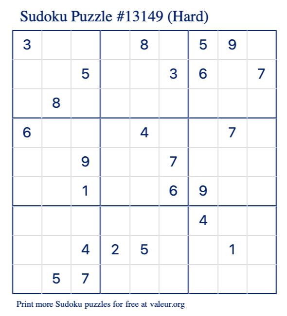 Free Printable Hard Sudoku Puzzle number 13149