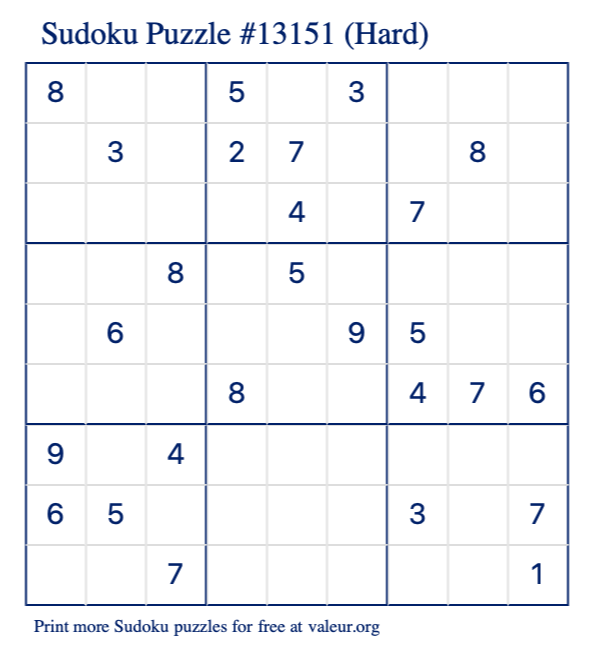 Free Printable Hard Sudoku Puzzle number 13151