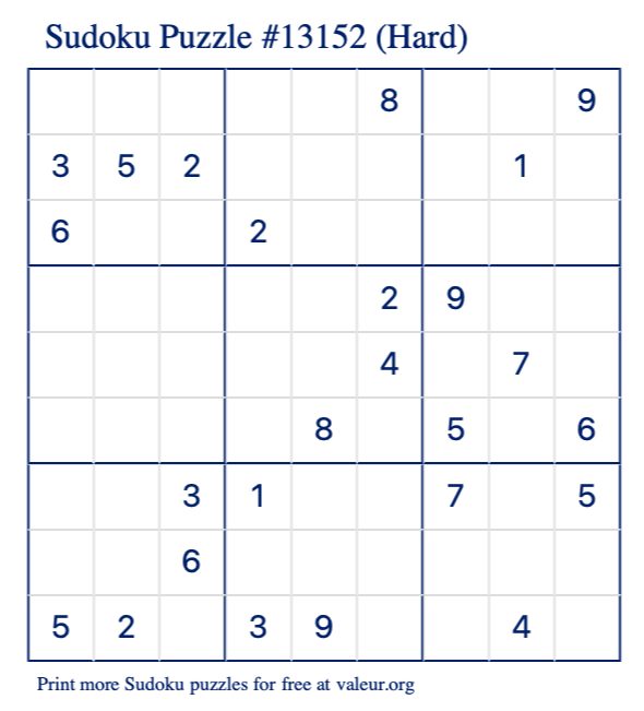 Free Printable Hard Sudoku Puzzle number 13152