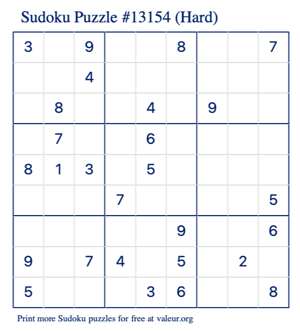 Free Printable Hard Sudoku Puzzle number 13154