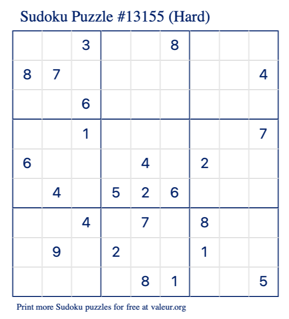 Free Printable Hard Sudoku Puzzle number 13155