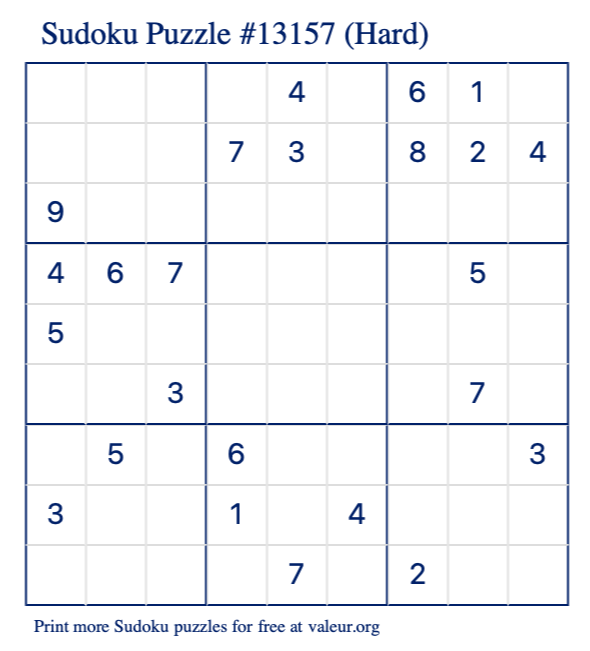 Free Printable Hard Sudoku Puzzle number 13157