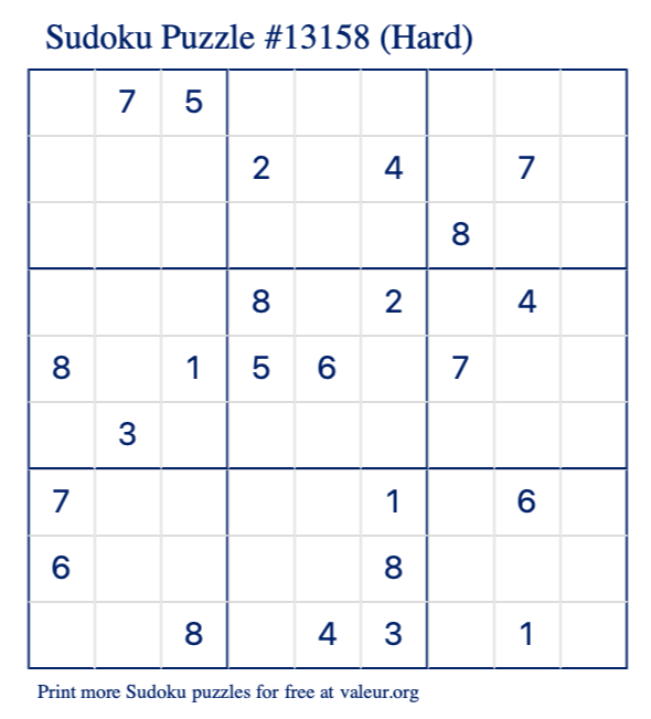 Free Printable Hard Sudoku Puzzle number 13158