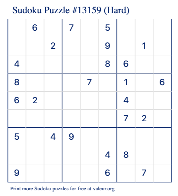 Free Printable Hard Sudoku Puzzle number 13159