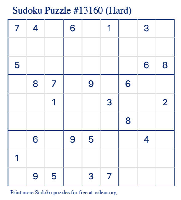 Free Printable Hard Sudoku Puzzle number 13160