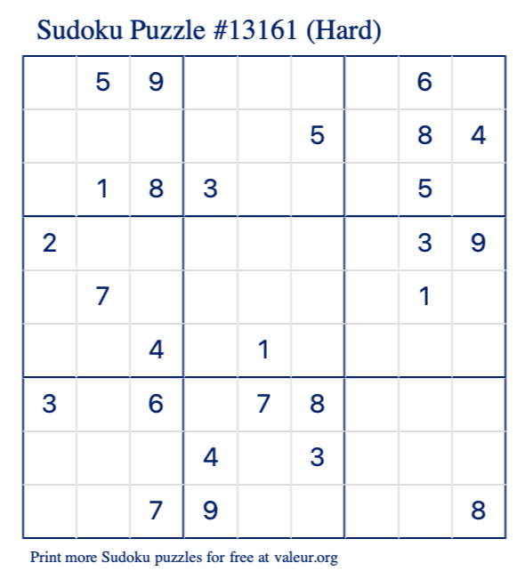 Free Printable Hard Sudoku Puzzle number 13161