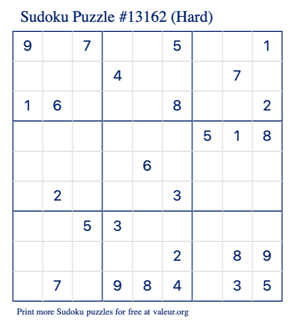 Free Printable Hard Sudoku Puzzle number 13162