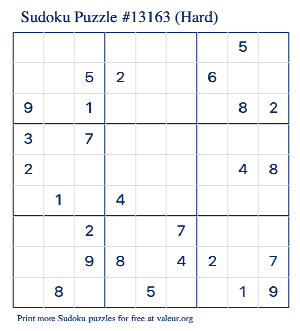 Free Printable Hard Sudoku Puzzle number 13163
