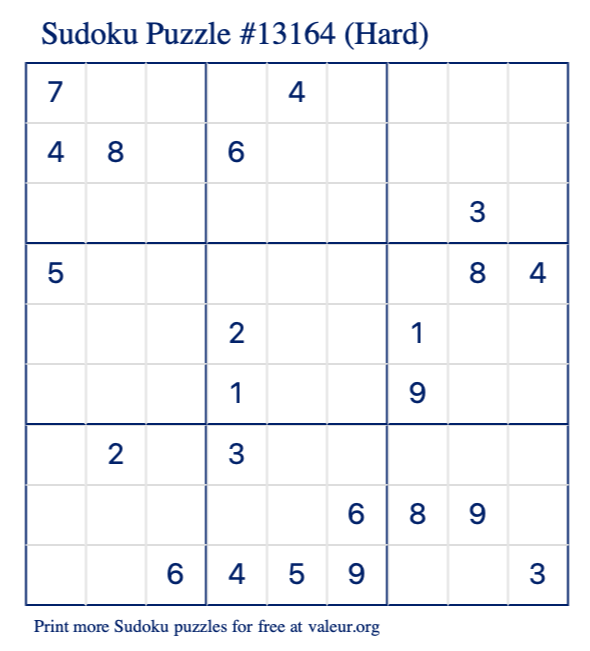 Free Printable Hard Sudoku Puzzle number 13164