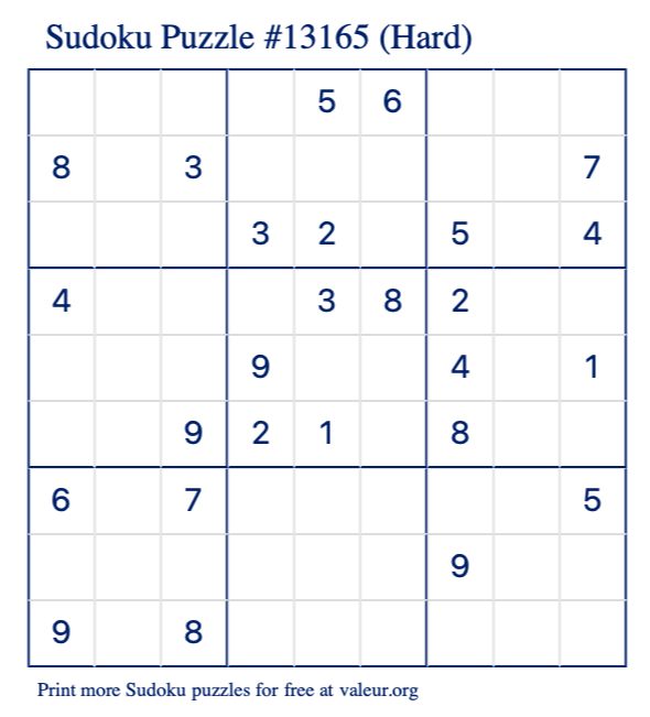 Free Printable Hard Sudoku Puzzle number 13165