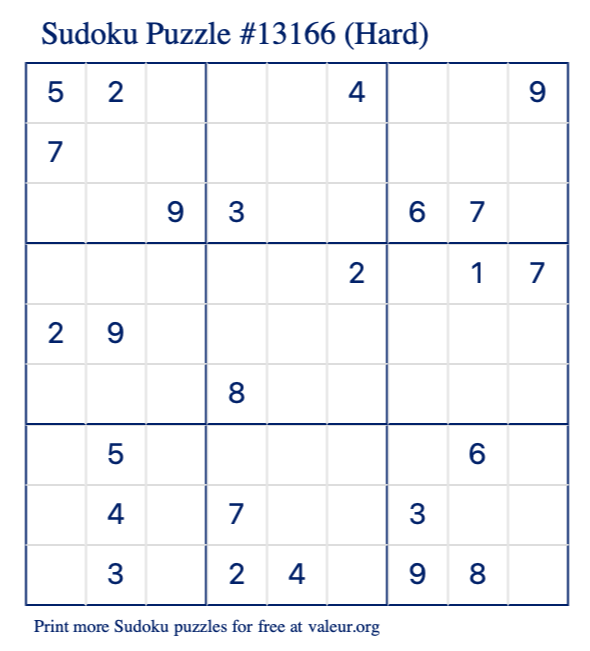 Free Printable Hard Sudoku Puzzle number 13166