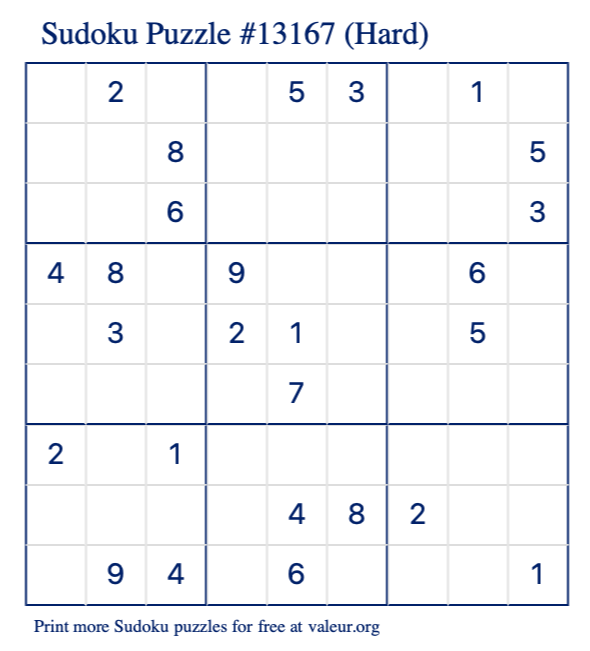 Free Printable Hard Sudoku Puzzle number 13167