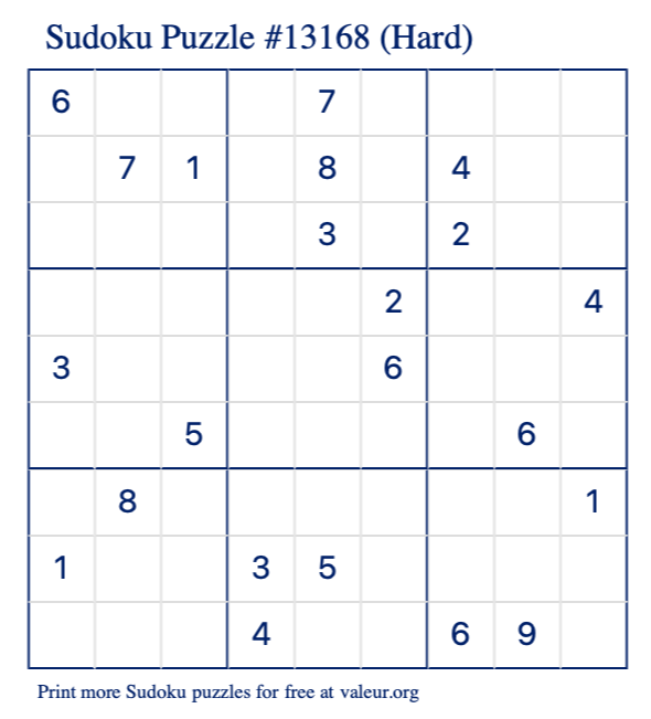 Free Printable Hard Sudoku Puzzle number 13168