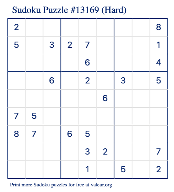 Free Printable Hard Sudoku Puzzle number 13169