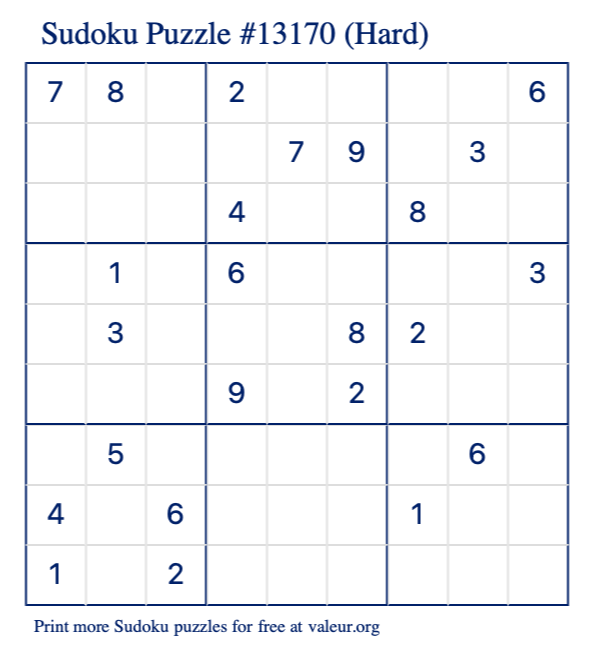 Free Printable Hard Sudoku Puzzle number 13170