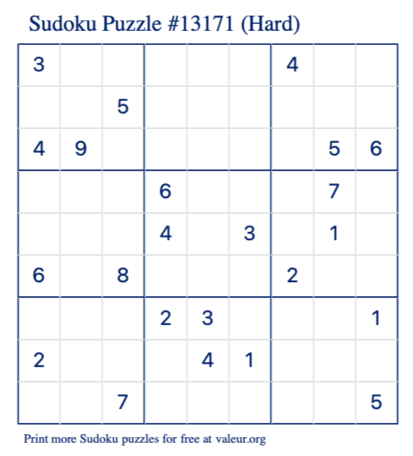 Free Printable Hard Sudoku Puzzle number 13171