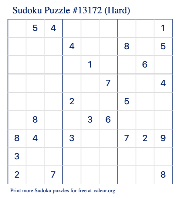 Free Printable Hard Sudoku Puzzle number 13172