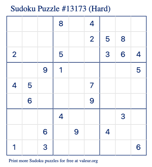 Free Printable Hard Sudoku Puzzle number 13173