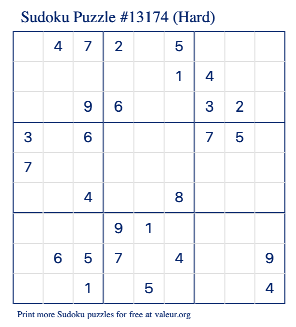 Free Printable Hard Sudoku Puzzle number 13174