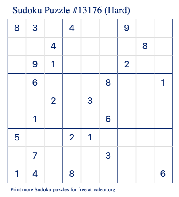 Free Printable Hard Sudoku Puzzle number 13176
