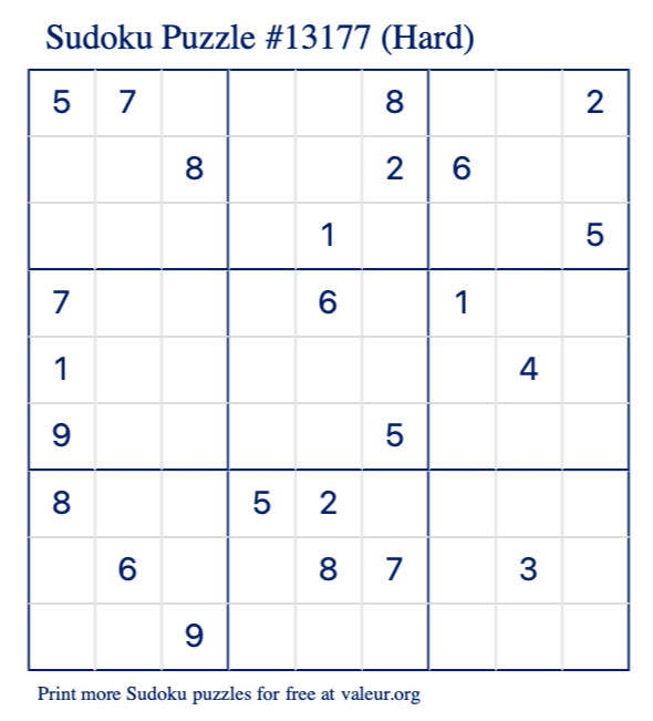 Free Printable Hard Sudoku Puzzle number 13177