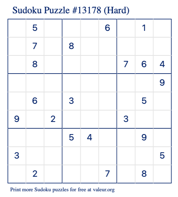 Free Printable Hard Sudoku Puzzle number 13178