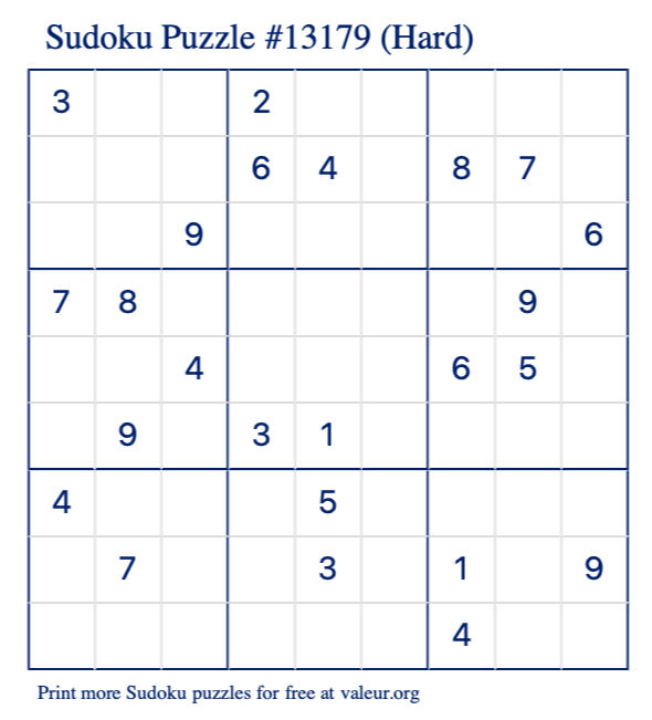 Free Printable Hard Sudoku Puzzle number 13179