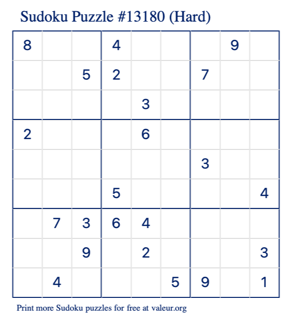 Free Printable Hard Sudoku Puzzle number 13180