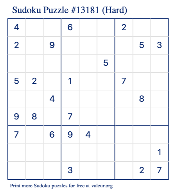 Free Printable Hard Sudoku Puzzle number 13181