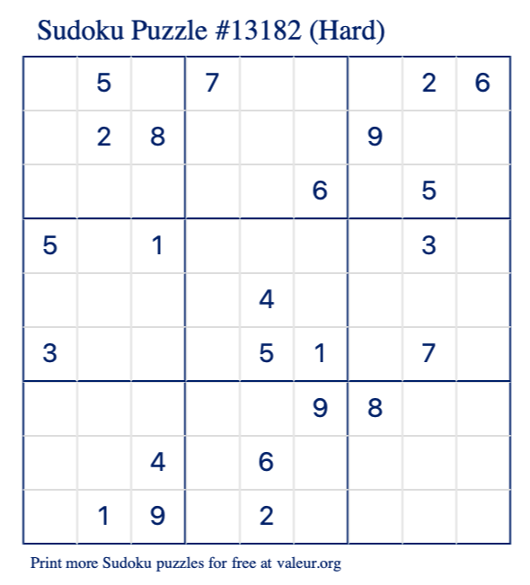 Free Printable Hard Sudoku Puzzle number 13182