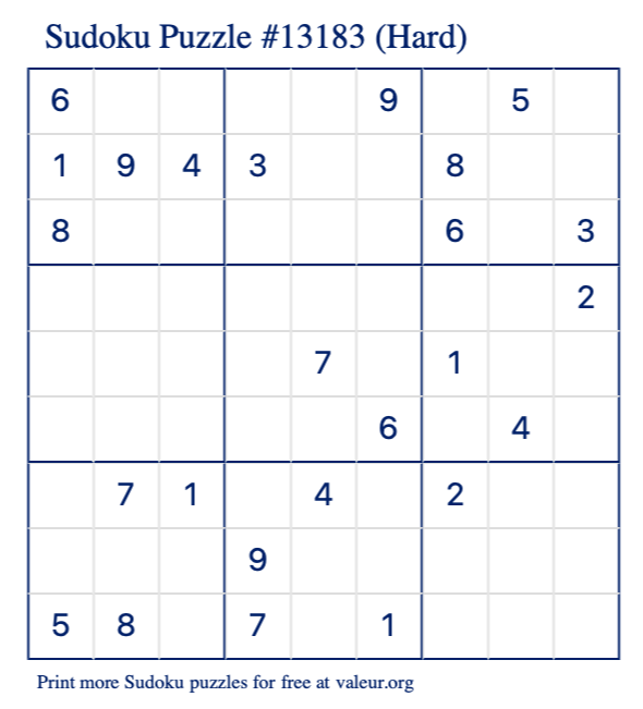 Free Printable Hard Sudoku Puzzle number 13183