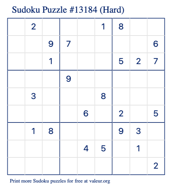 Free Printable Hard Sudoku Puzzle number 13184