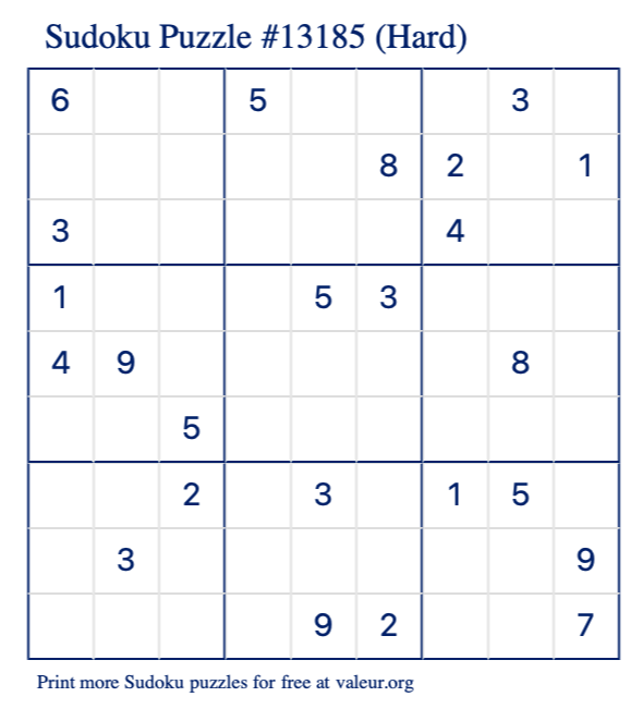 Free Printable Hard Sudoku Puzzle number 13185