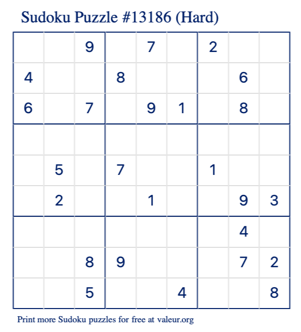 Free Printable Hard Sudoku Puzzle number 13186