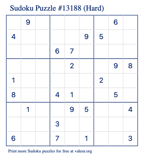 Free Printable Hard Sudoku Puzzle number 13188