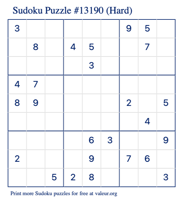 Free Printable Hard Sudoku Puzzle number 13190