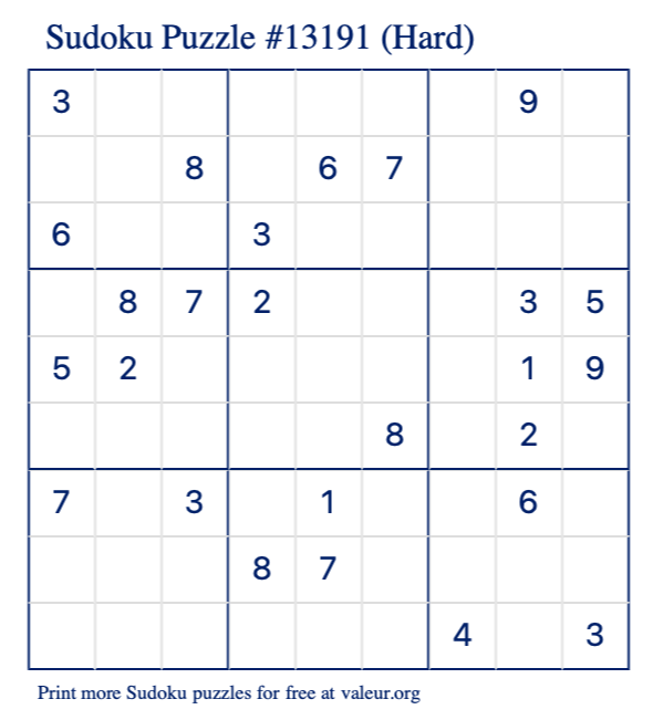 Free Printable Hard Sudoku Puzzle number 13191