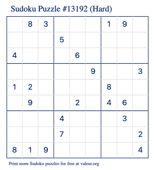 Free Printable Hard Sudoku Puzzle number 13192