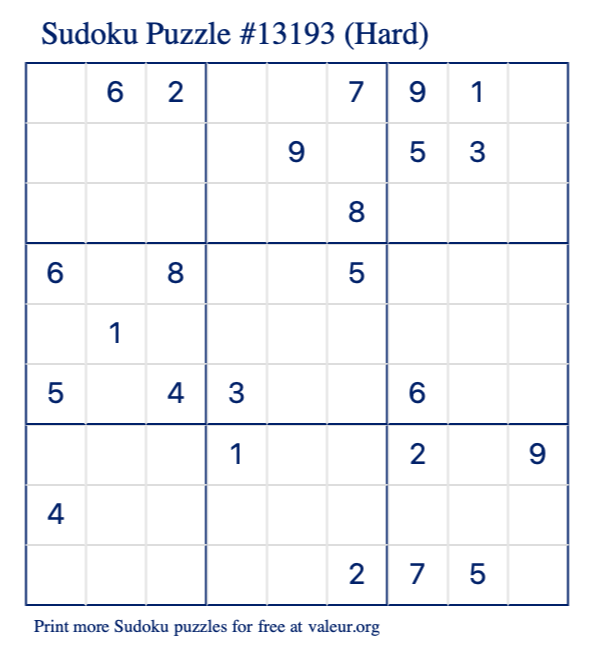 Free Printable Hard Sudoku Puzzle number 13193