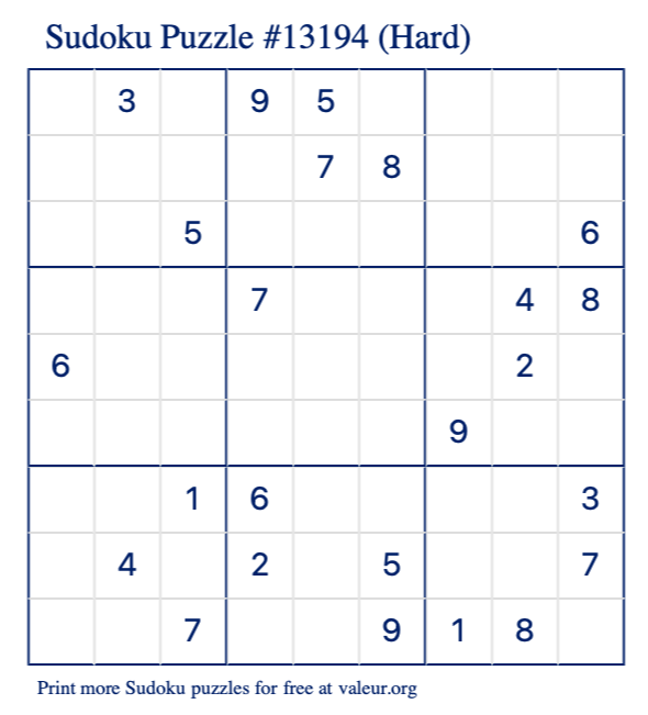 Free Printable Hard Sudoku Puzzle number 13194