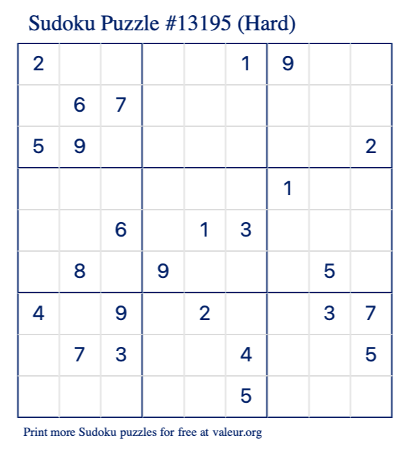 Free Printable Hard Sudoku Puzzle number 13195