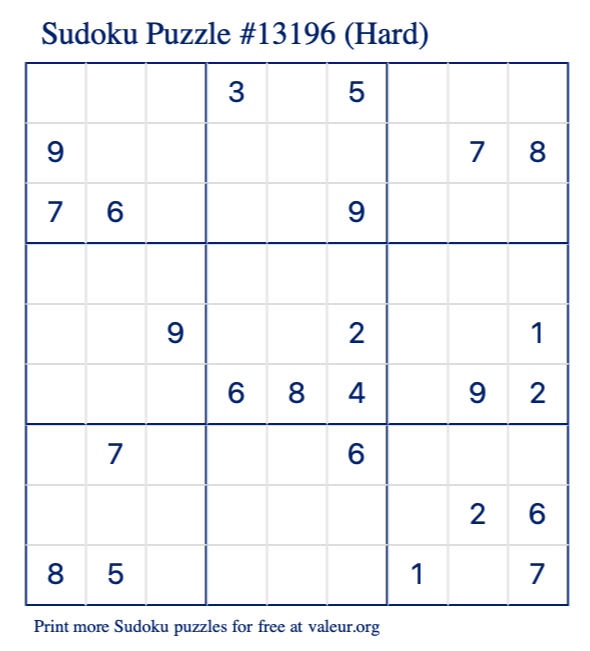 Free Printable Hard Sudoku Puzzle number 13196